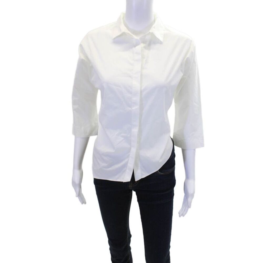Shop Meg Womens Cotton Collared 3/4 Sleeve Button-Down Shirt White Size S